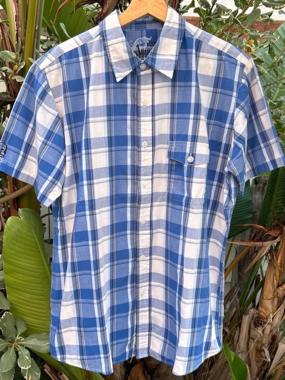 Anchor Blue Plaid Skull Short Sleeve Button Up Shirt Large Y2K
